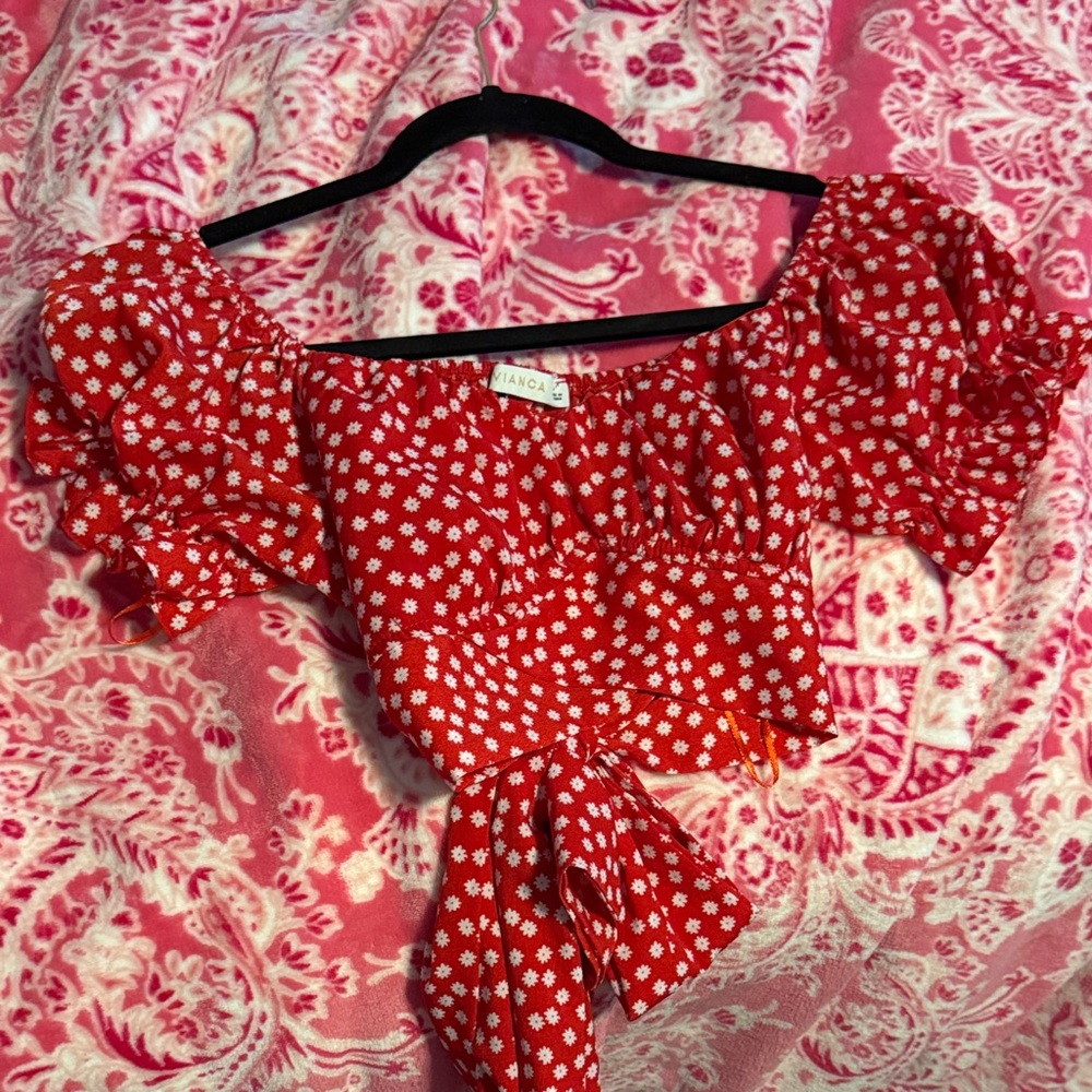 Zara Red and White Puff Sleeve Blouse with Ruched Tie Front
